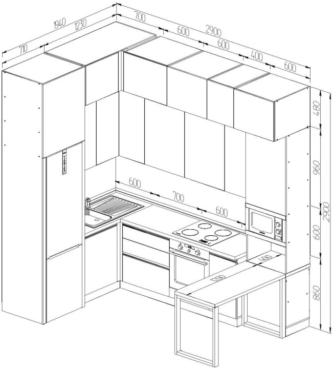 Проект кухни угловой с размерами с двухуровневыми шкафами