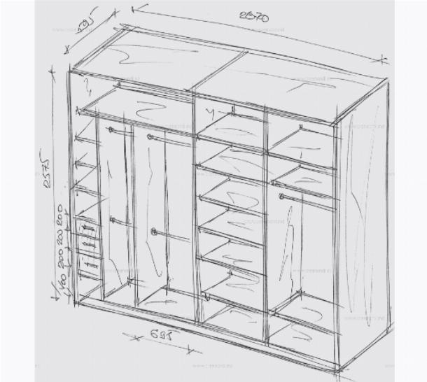 Эскиз встроенного шкафа купе без пола и задней стенки