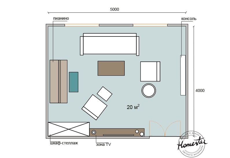 План гостиной с мебелью