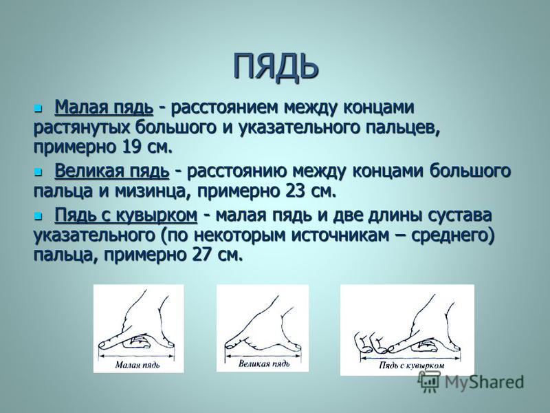 Пядь. Расстояние между большим и указательным пальцем. Малая пядь. Пядень с кувырком.