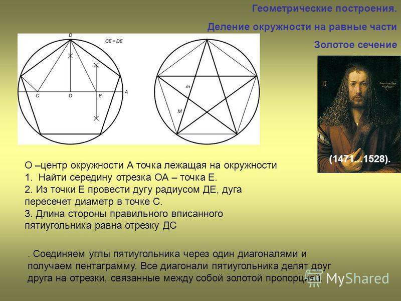 Деление окружности на 5 равных частей. Геометрические построения. Геометрические построения деление окружности на равные части. Геометрическое построение золотого сечения. Геометрические построения в окружности.