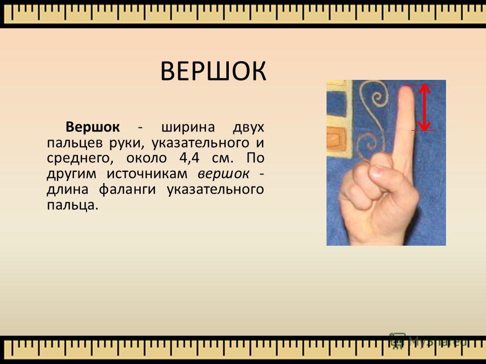 Двум ширинам. Ширина двух пальцев указательного и среднего. Вершок на пальцах. Указательный средний и мизинец. Вершок длина двух пальцев.