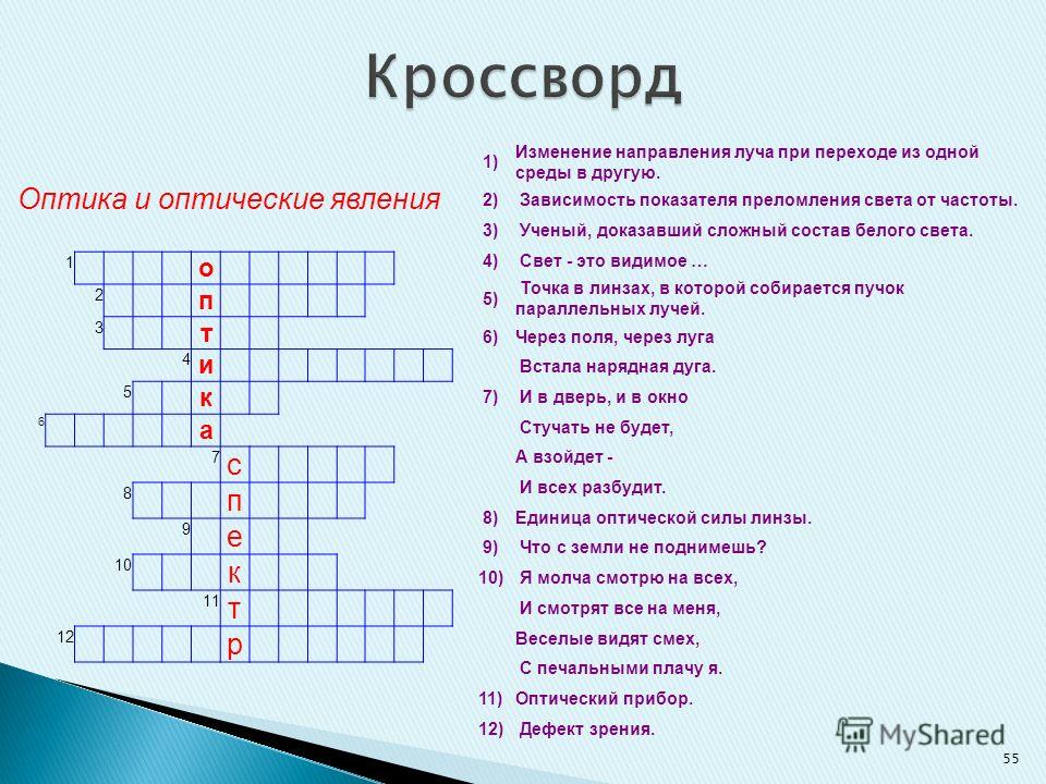 Света кроссворд. Кроссворд на тему оптические явления. Кроссворд на тему освещение.