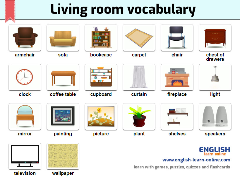 Bedroom words. Мебель Vocabulary. Мебель Vocabulary for Kids. Гостиная мебель на английском языке. Предметы мебели в гостиной на английском.