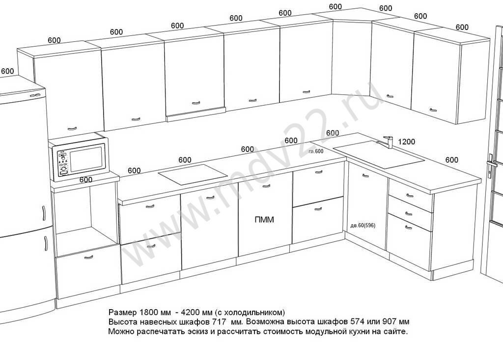 Схема кухни угловой с размерами и размещением