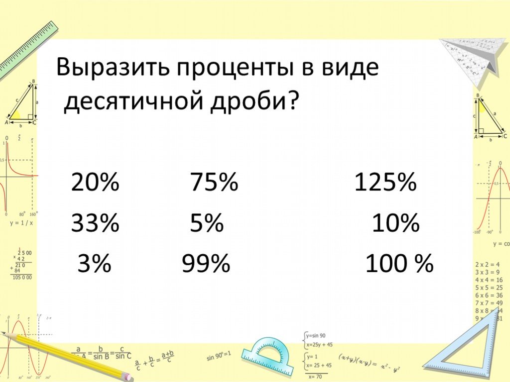 Проценты в классе. Проценты для презентации. Выразить отношение в десятичную дробь. Проценты от числа 5 класс примеры. Устный счет десятичные дроби.