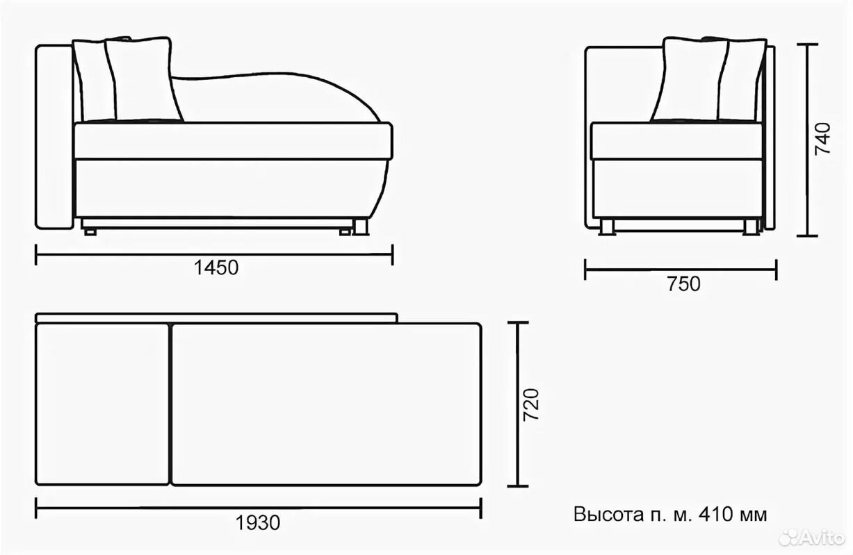 диван с кушеткой размеры