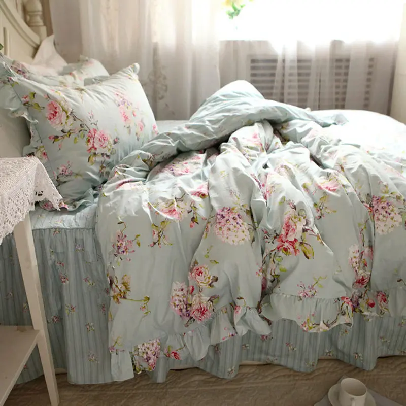 European Flower Print Bedding Set Rustic Duvet Cover Bedding Wrinkle Bedspread Bed Sheet for Wedding Pillowcase