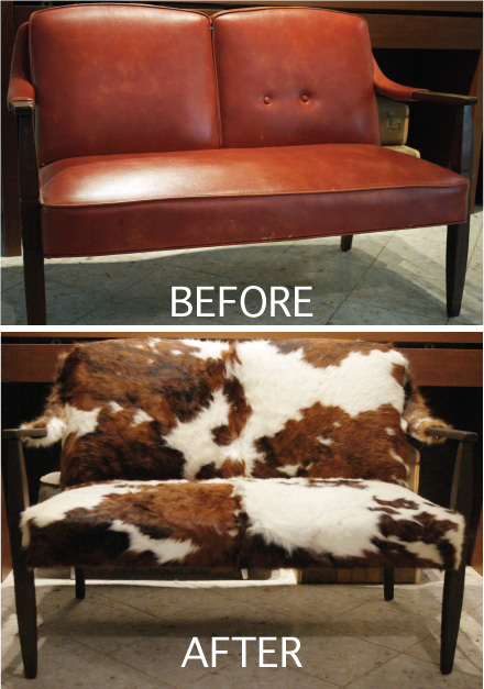 Before and after couch from leather to cowhide