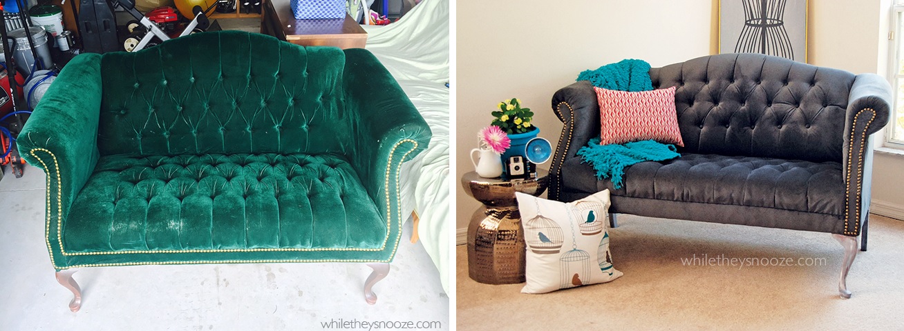 Before and after tufted couch makeover