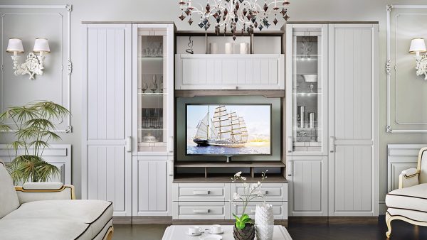 белая стенка в стиле прованс под телевизор в гостиную