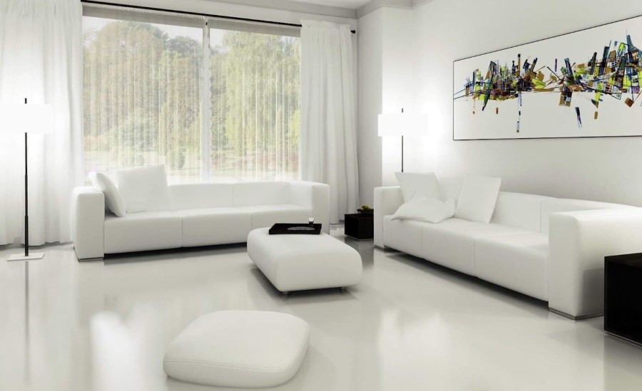 Белые диваны в гостиной комнате стиля хай-тек