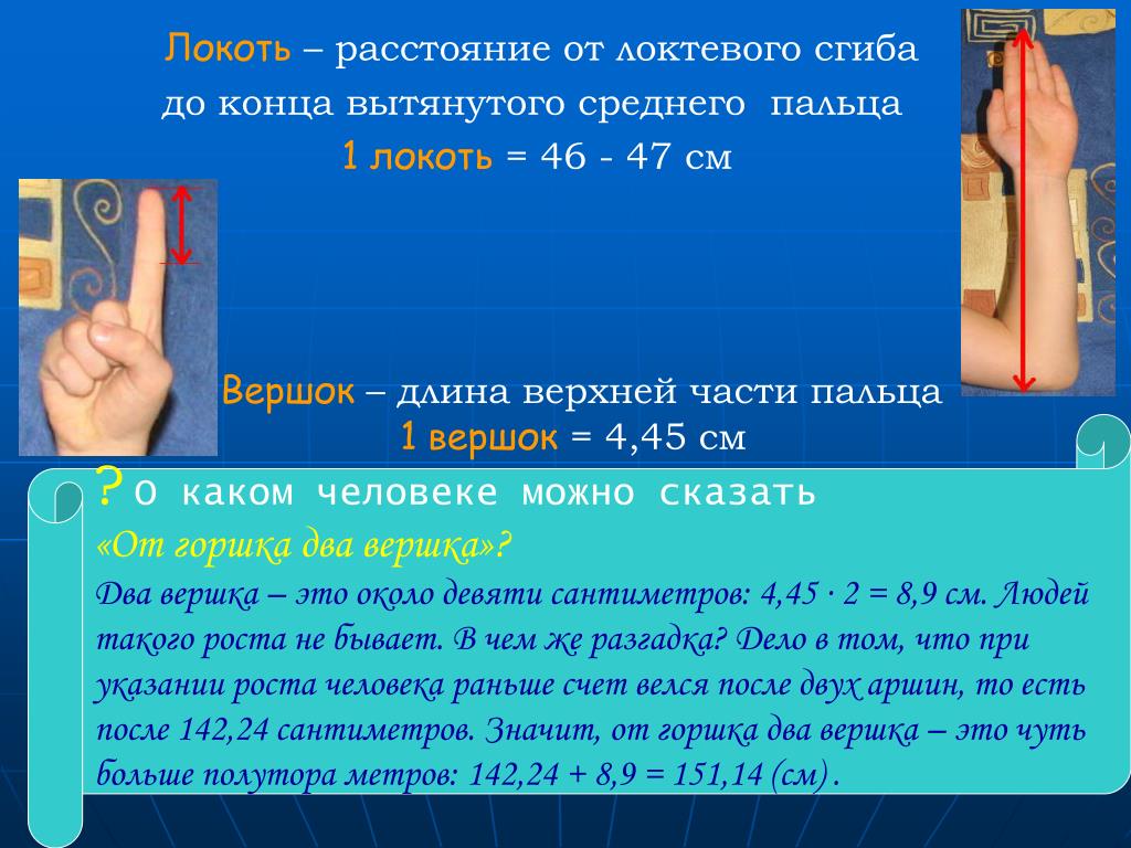 Что значит см. Вершок – длина верхней части пальца.. Мера длины от среднего пальца до локтя. Мера длины вытянутыми пальцами. Расстоянии локтевого сгиба.