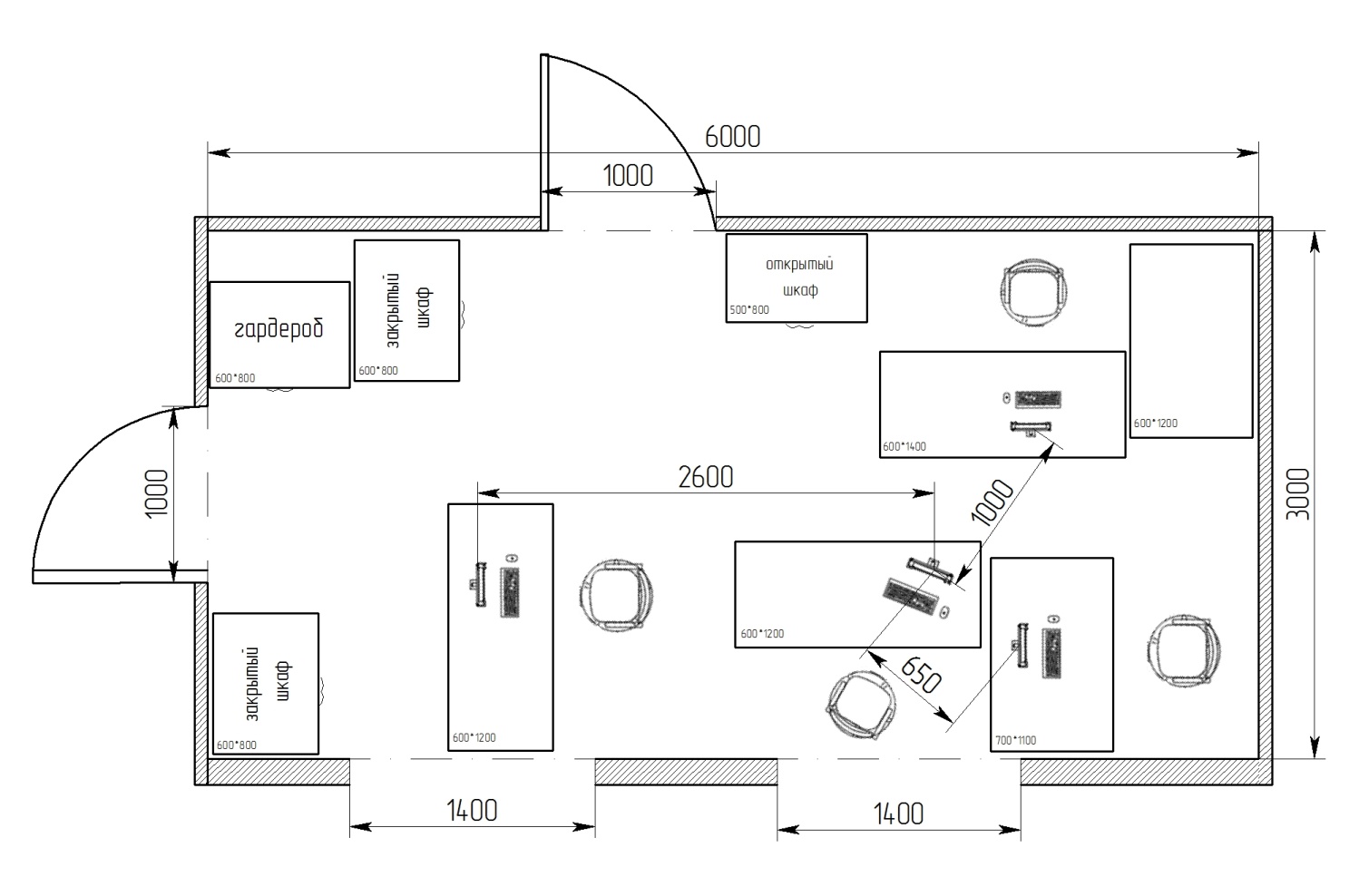 Схема помещения с ПЭВМ 5x3