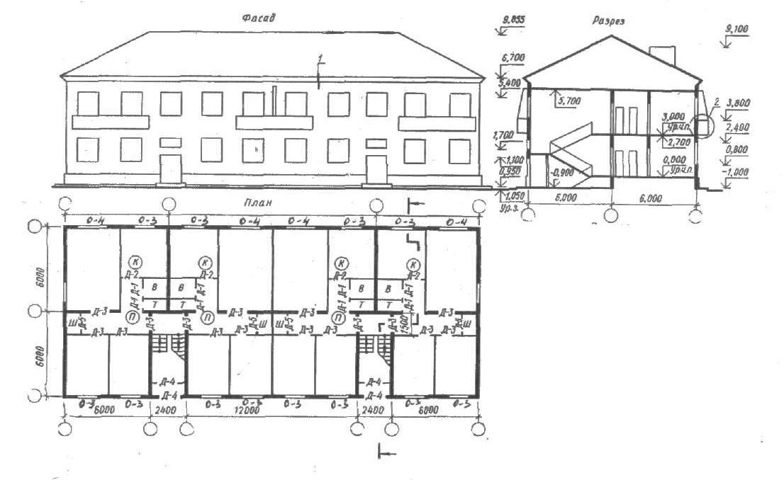 Фасад и разрез здания чертеж