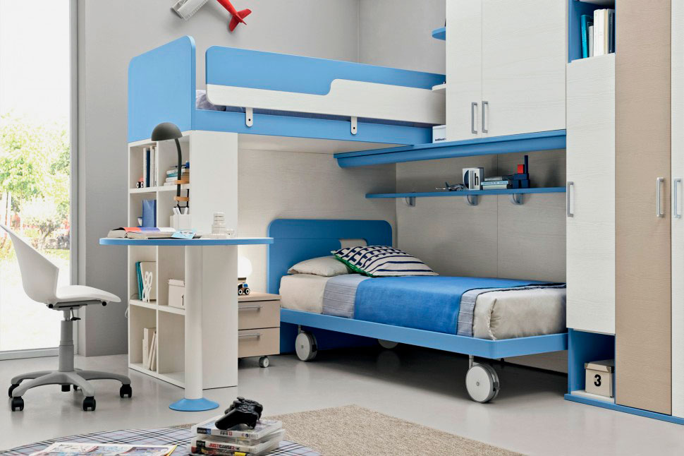 Двухъярусная кровать со шкафами и мобильным нижним спальным местом в комбинированном цвете