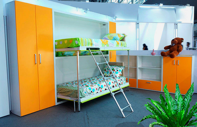 Фото мебели для детской комнаты с двухъярусной шкаф-кроватью