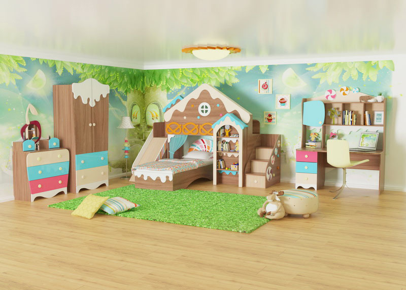 Интерьер детской комнаты девочки с красивой кроватью декорированной домиком
