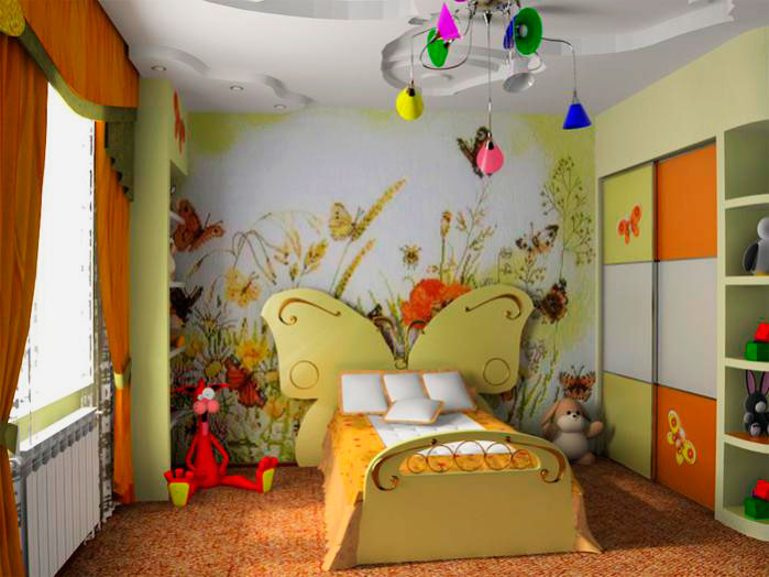 Интерьер детской комнаты девочки с кроватью оснащенной изголовьем в виде бабочки