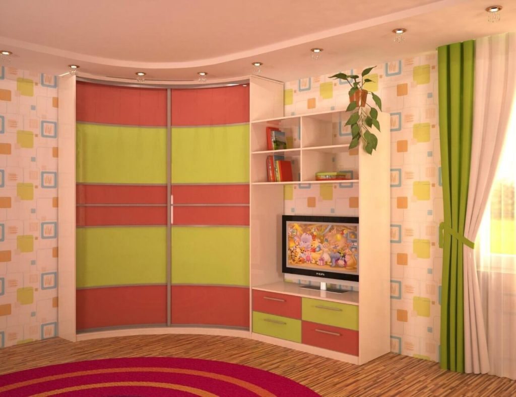 Фото детской комнаты с угловым шкафом с радиусным фасадом