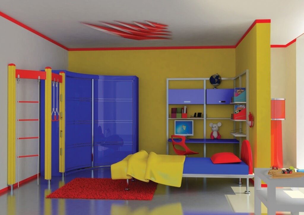 Фото детской комнаты в ярких контрастных цветах с угловым шкафом с глянцевым фасадом