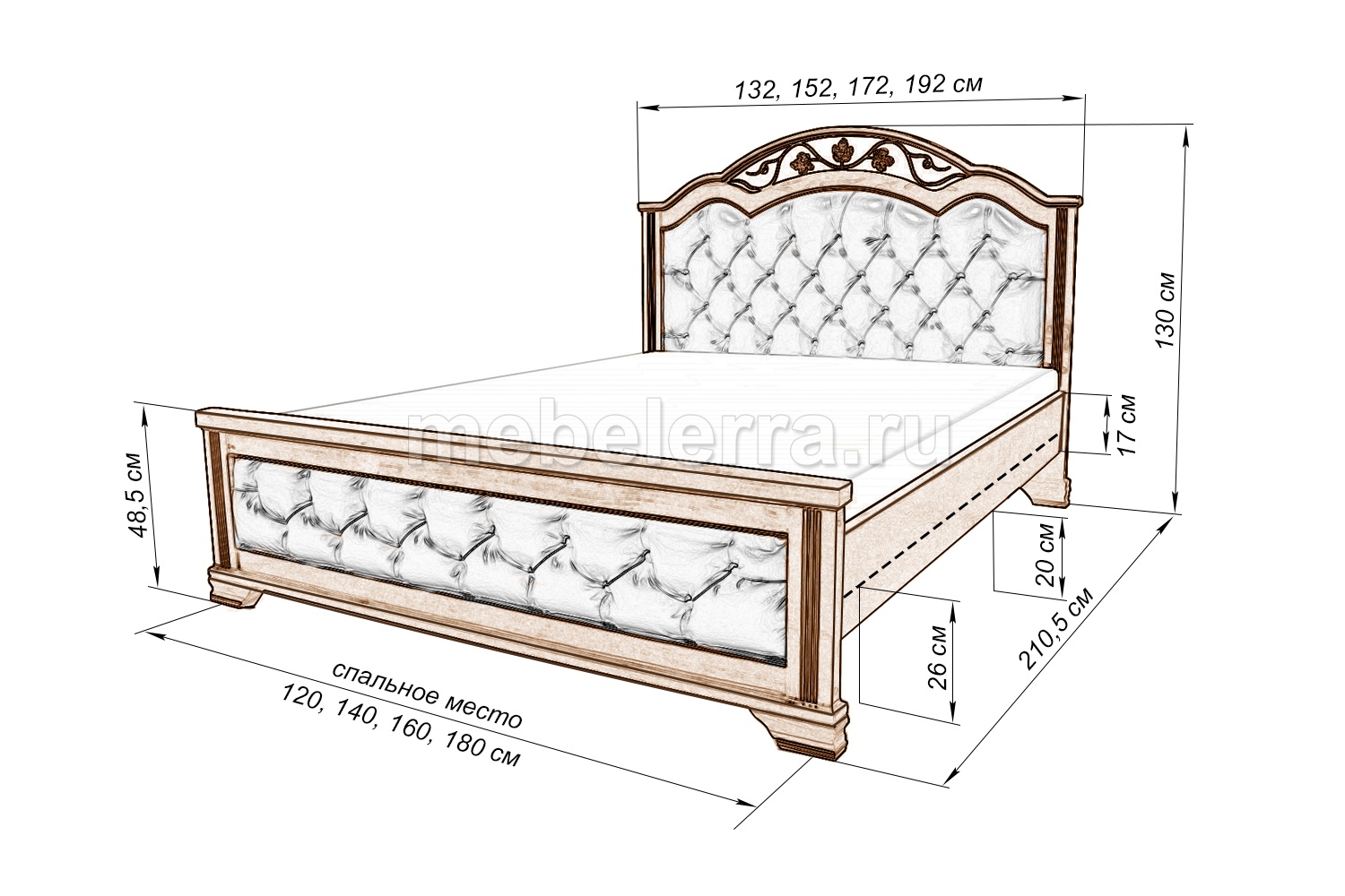 Чертеж деревянной кровати с размерами