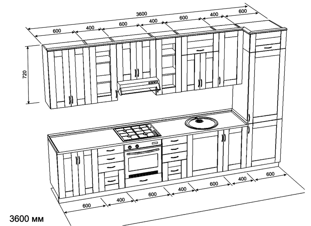 схема расположения кухонной мебели с размерами