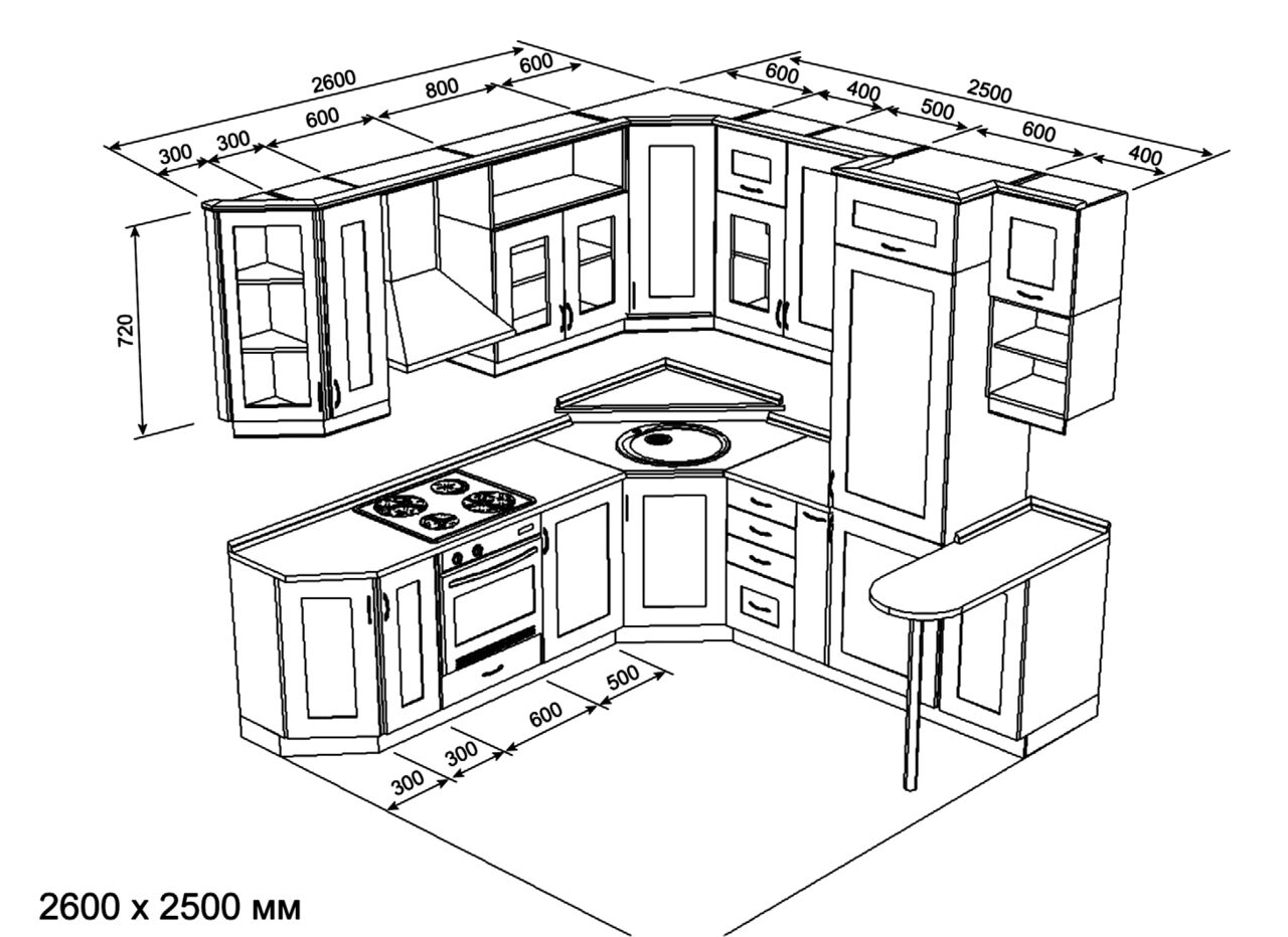 кухня угловая с барной стойкой чертеж
