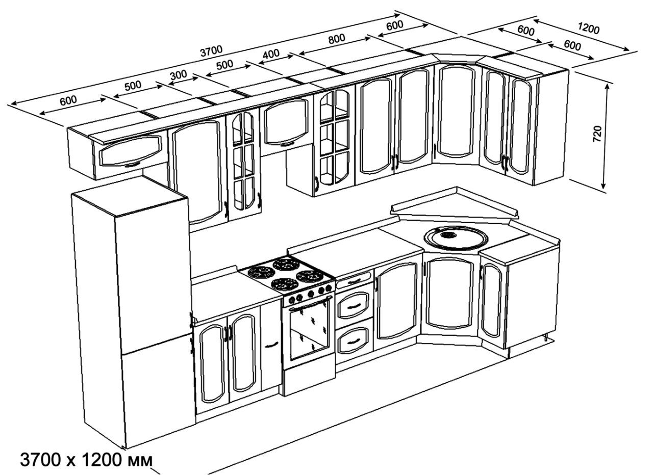 Проекты кухонных гарнитуров с размерами угловые