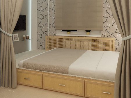 Двуспальная кровать на подиуме с выдвижными ящиками