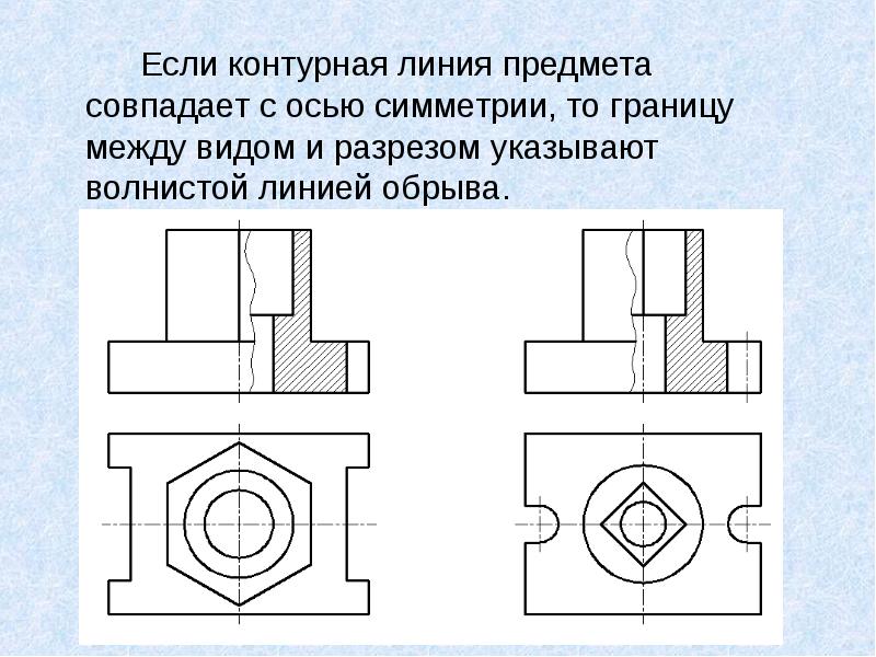 Правильный разрез на чертеже. Волнистая линия на чертеже разрез. Линия разреза на чертеже. Осевой разрез на чертеже. Линия симметрии на чертеже.