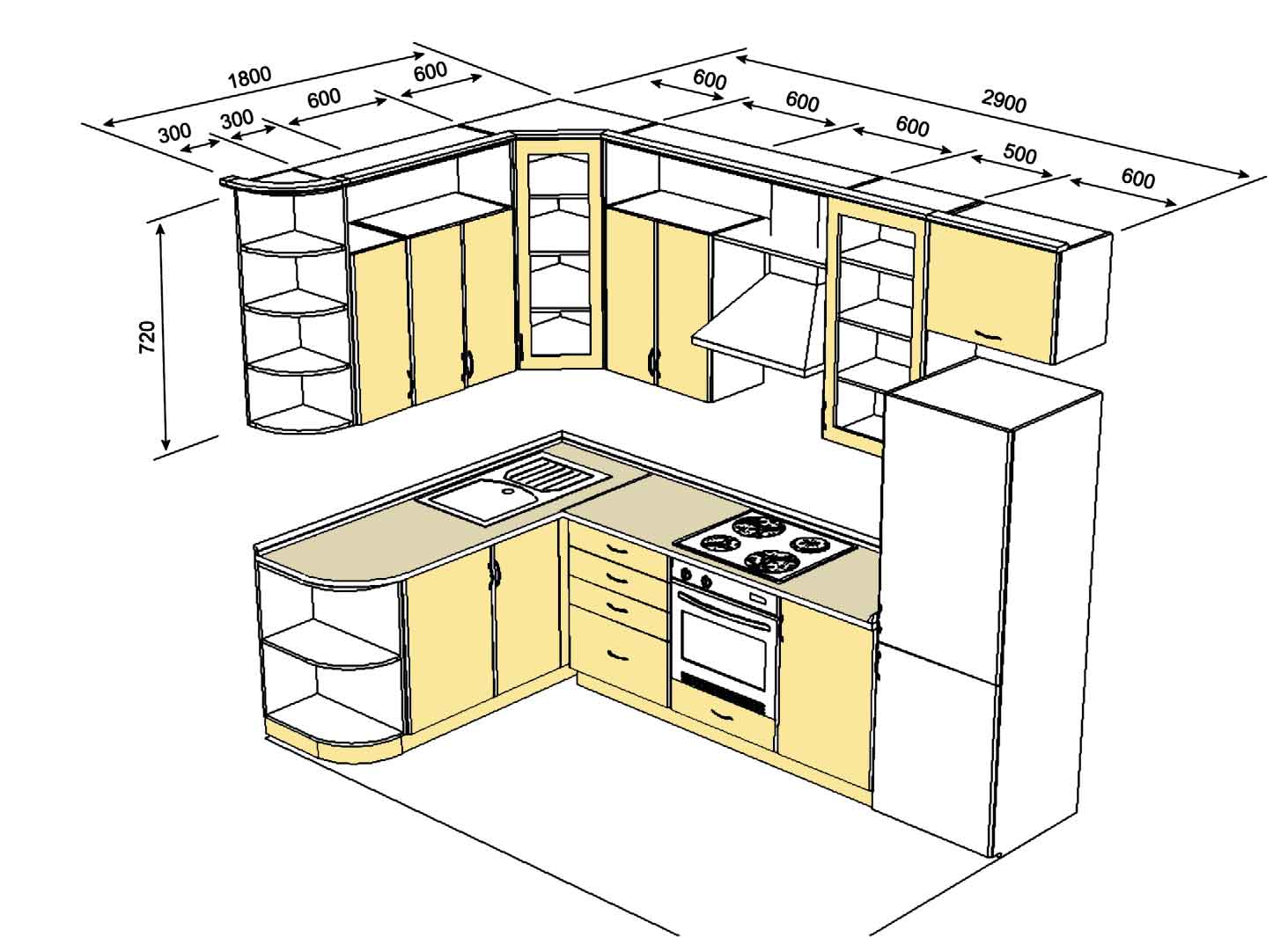 Чертеж угловой кухни 2метра на 2 метра