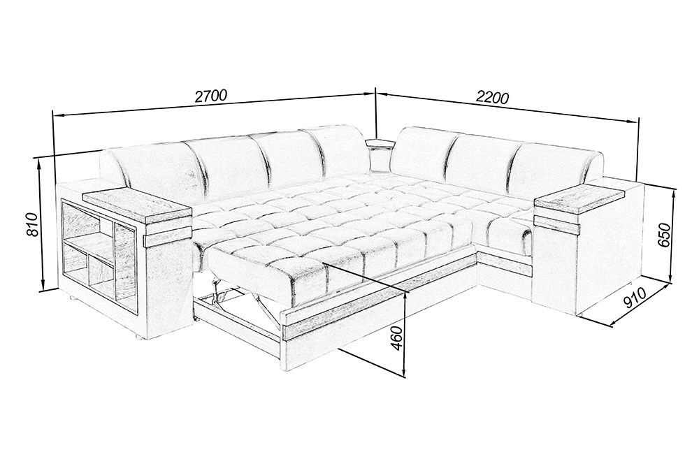 Чертеж углового дивана с размерами и деталировкой
