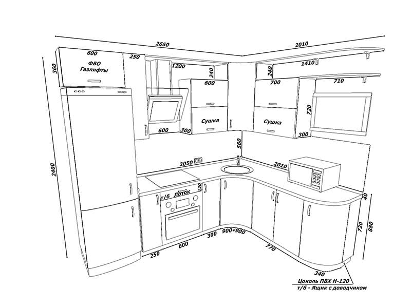 Чертеж кухни с размерами угловой
