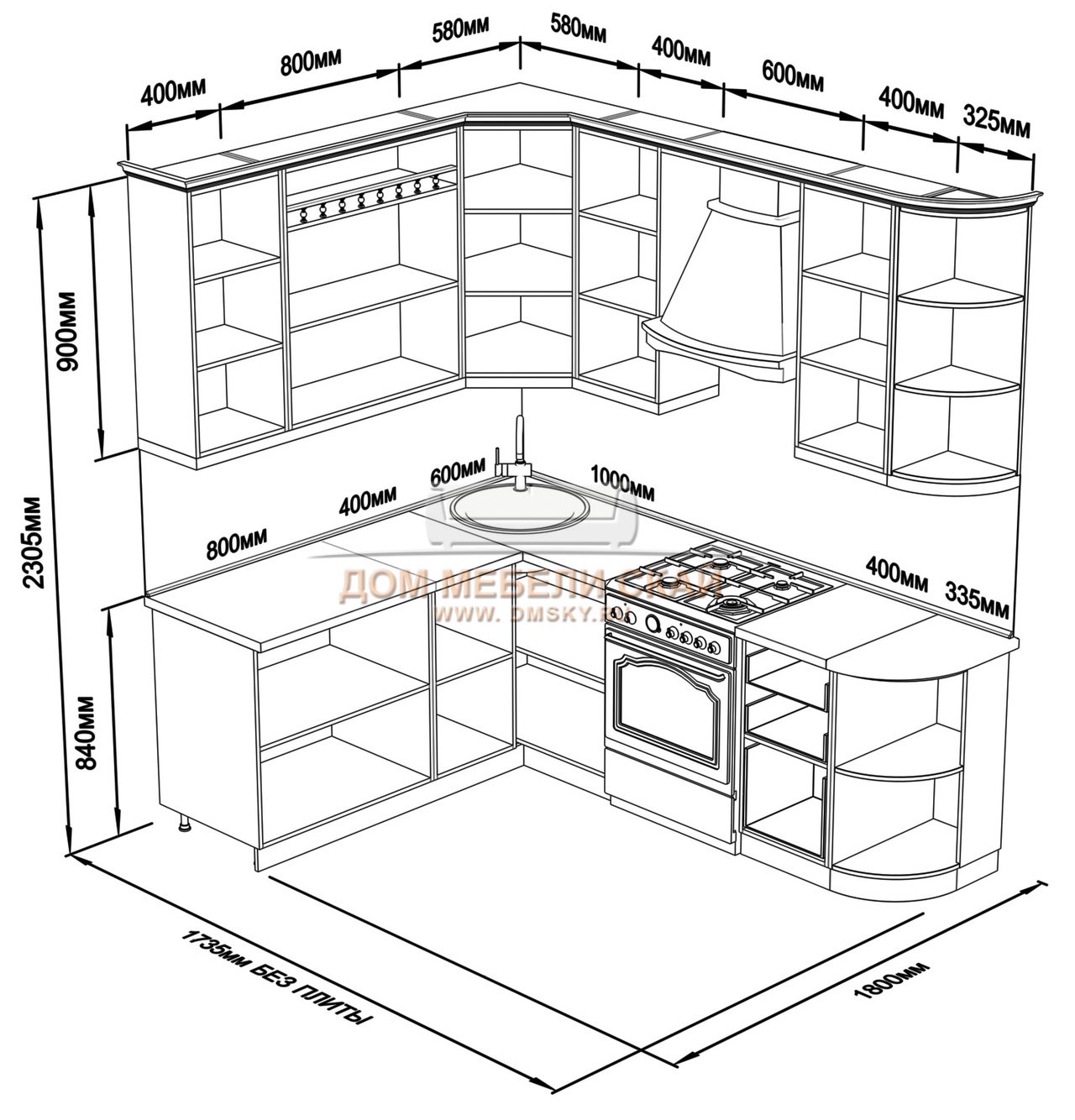 проект угловой кухни с размерами шкафов левый угол