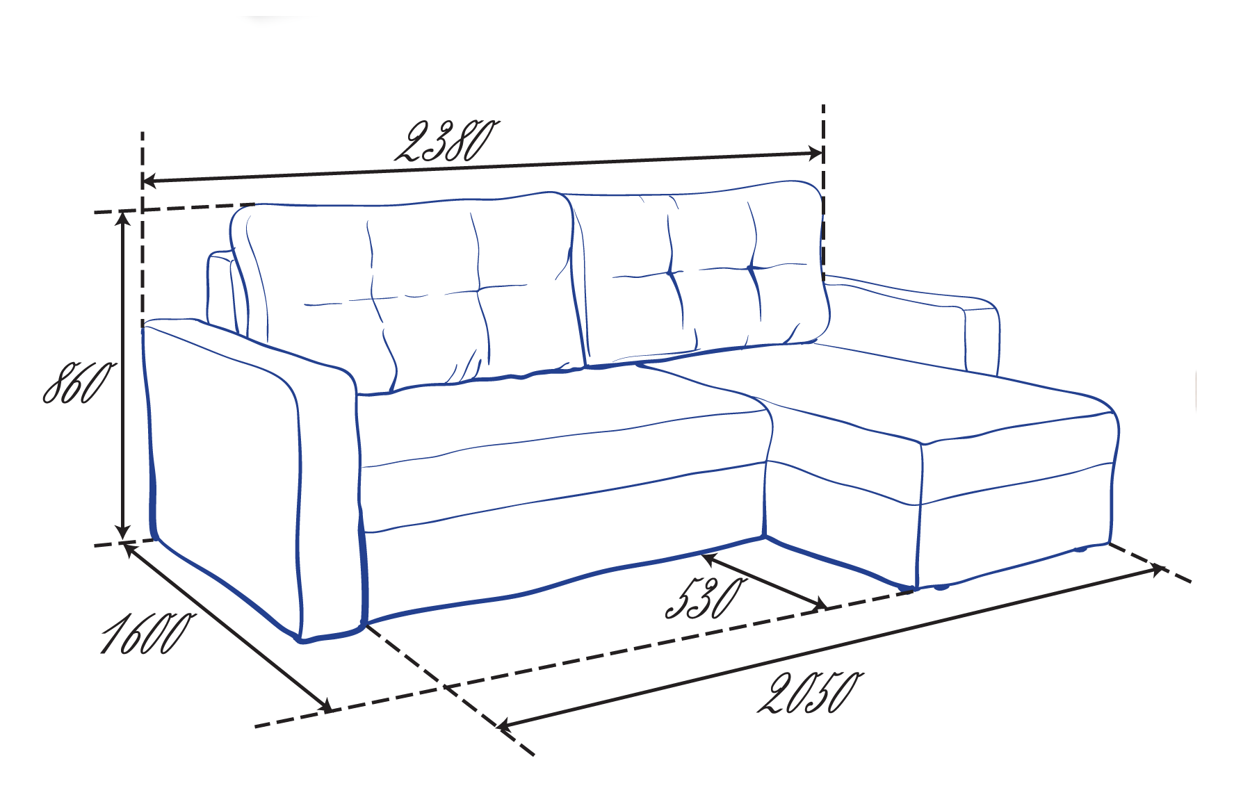Чертеж углового дивана с размерами и деталировкой