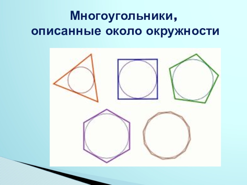 Около окружности описан многоугольник. Многоугольник описанный около окружности. Окружность описанная вокруг многоугольника. Многоугольник описанный вокруг круга. Свойство многоугольника описанного около окружности.