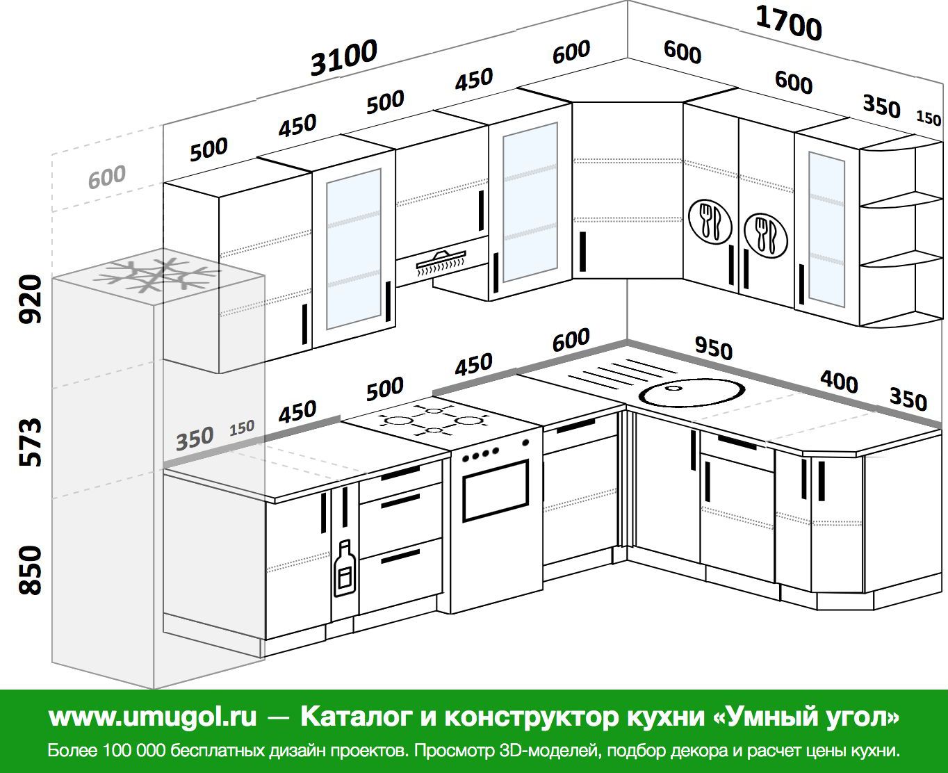 Проект кухонного гарнитура углового с размерами