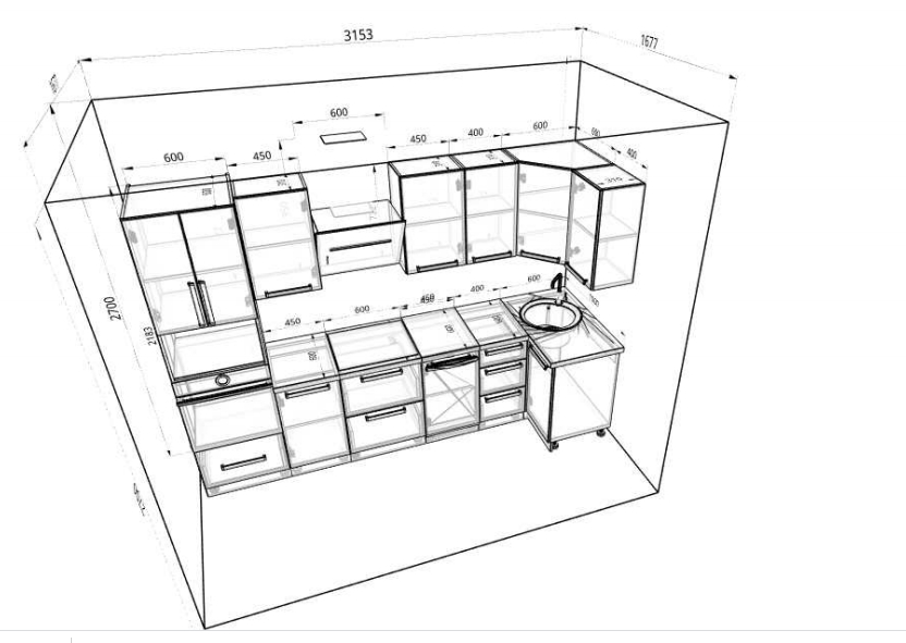 Проект кухни угловой с размерами с двухуровневыми шкафами