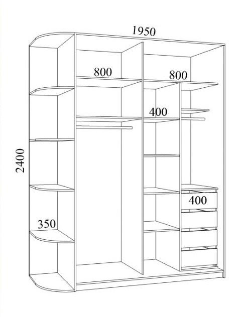 Схема шкафа купе с размерами на 4 двери